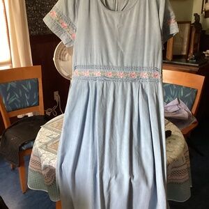 Vintage light blue denim maxi dress, 100% cotton, pink floral ribbon trim, XL